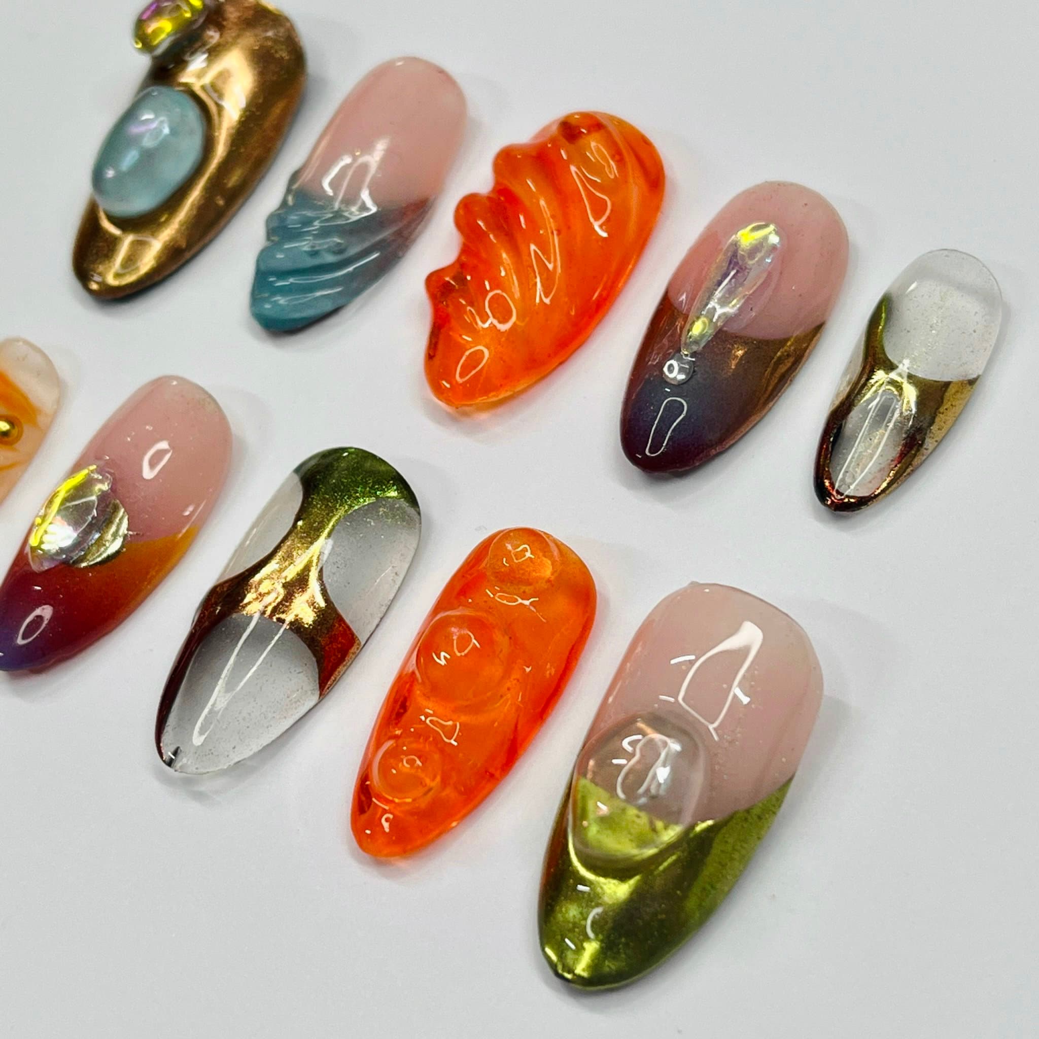Free style 3D Medium Almond Press On Nails, Handmade Gel False Nails for Birthday Event Party, Holiday, Prom Nails