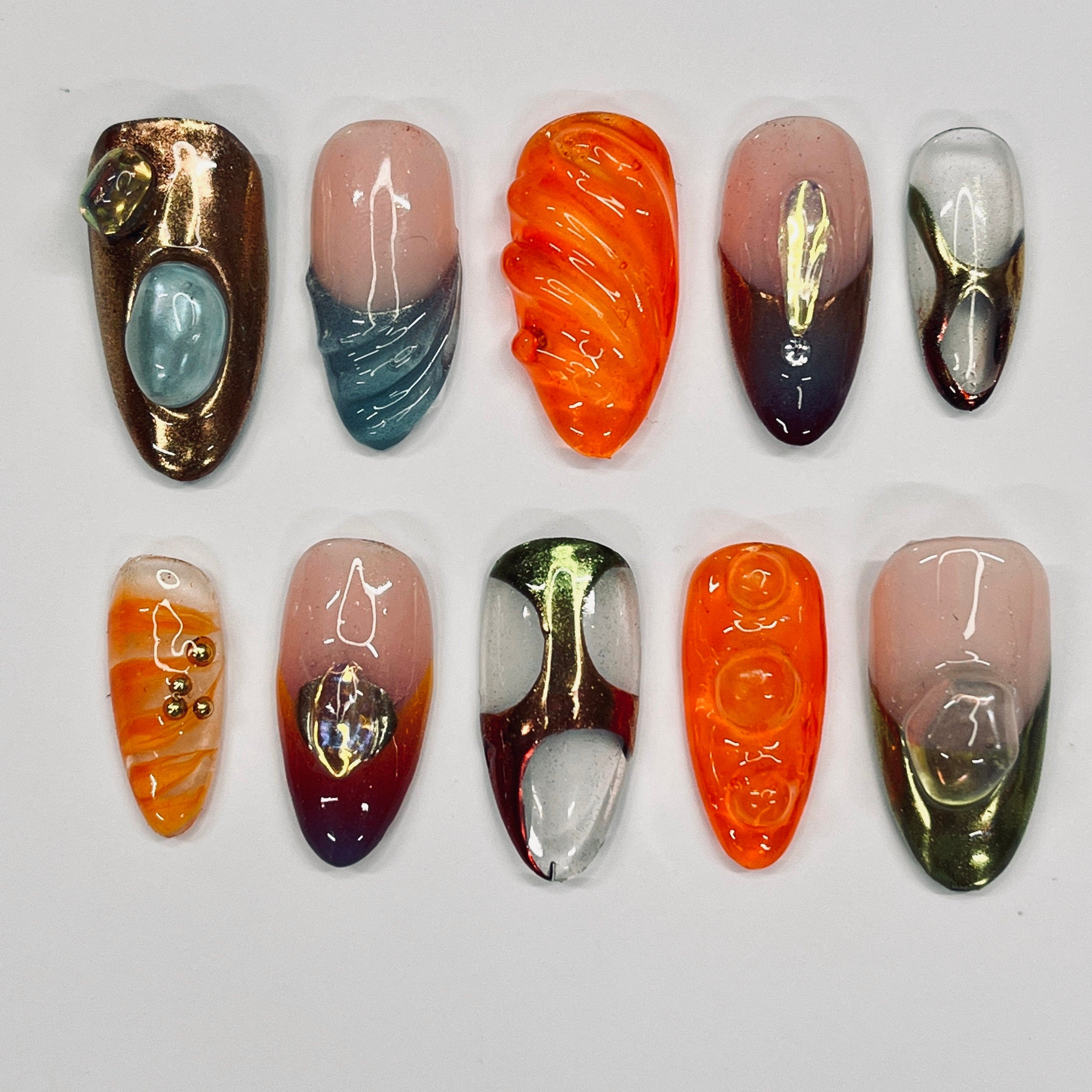 Free style 3D Medium Almond Press On Nails, Handmade Gel False Nails for Birthday Event Party, Holiday, Prom Nails