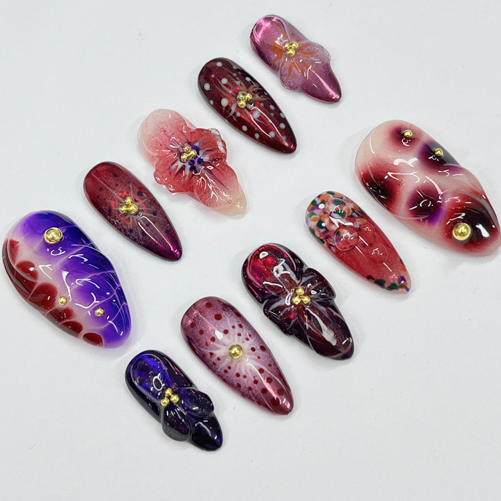 Midnight Blossom Long Almond Flowers Press On Nails, Fairy Tale Inspired Fake Nails, Birthday Holiday Nails Art, Gifts for Her