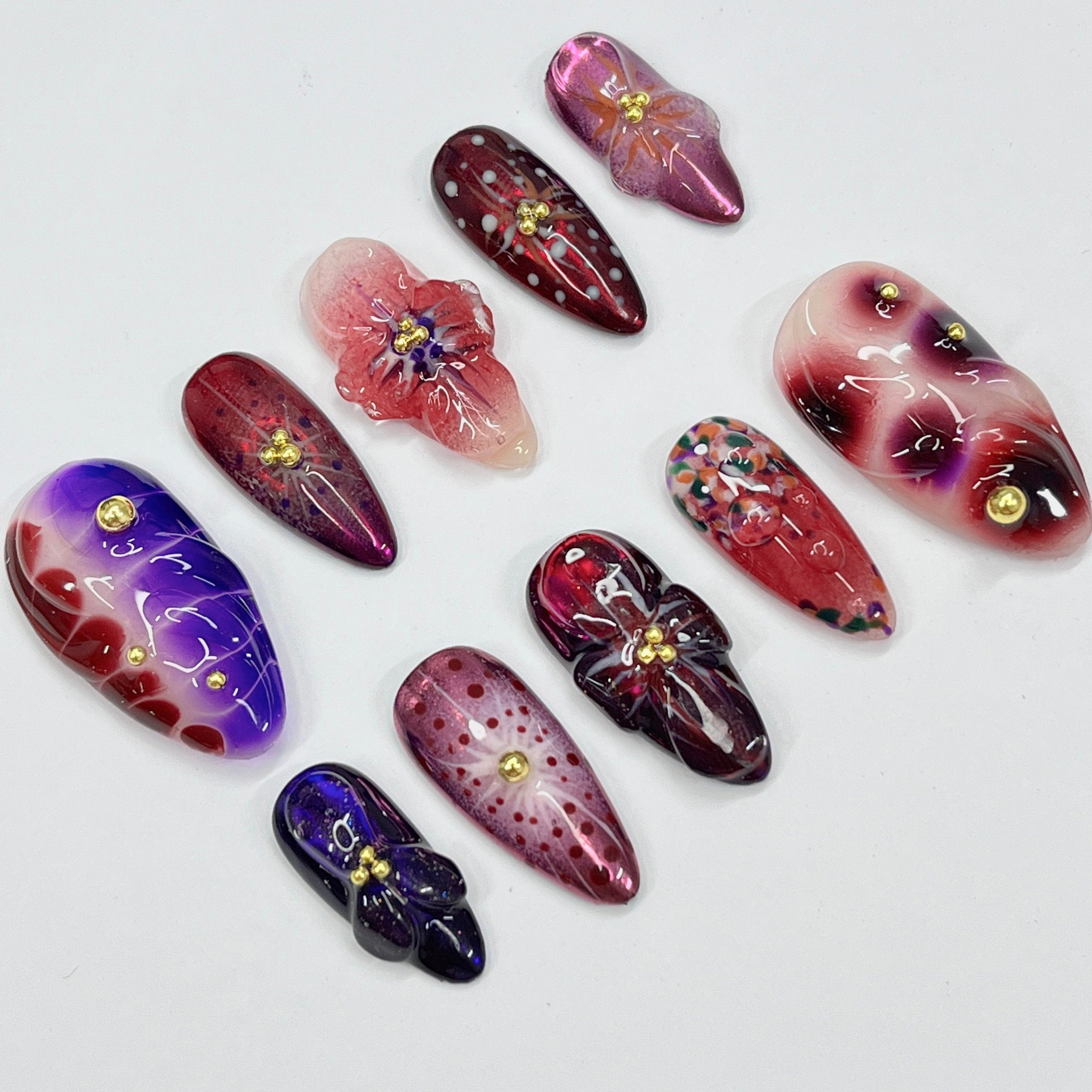 Midnight Blossom Long Almond Flowers Press On Nails, Fairy Tale Inspired Fake Nails, Birthday Holiday Nails Art, Gifts for Her