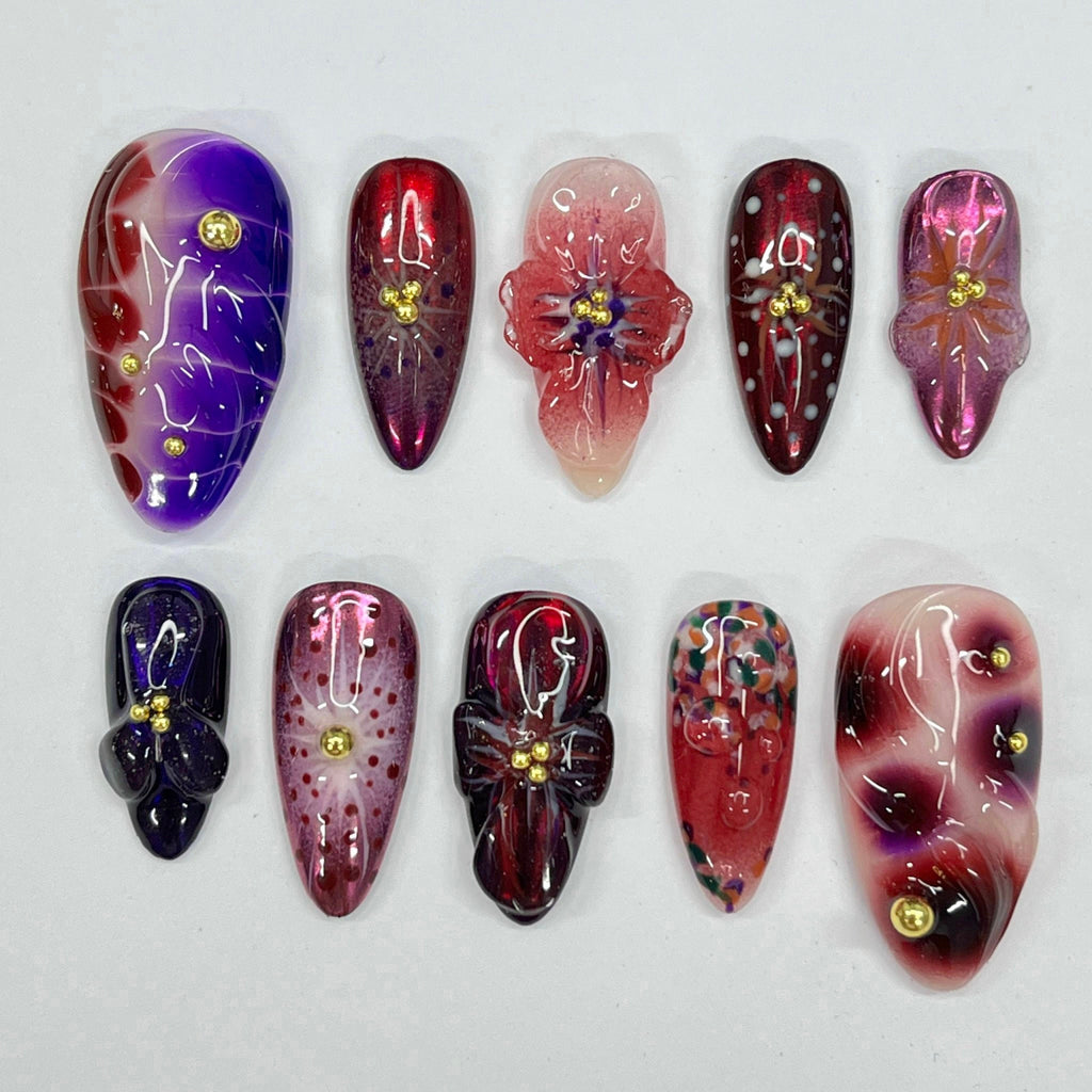 Midnight Blossom Long Almond Flowers Press On Nails, Fairy Tale Inspired Fake Nails, Birthday Holiday Nails Art, Gifts for Her