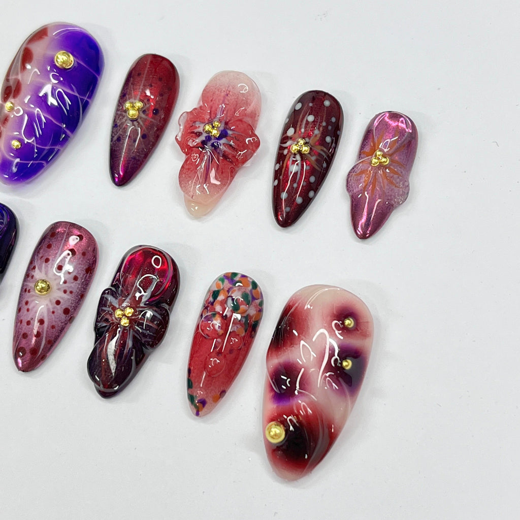 Midnight Blossom Long Almond Flowers Press On Nails, Fairy Tale Inspired Fake Nails, Birthday Holiday Nails Art, Gifts for Her