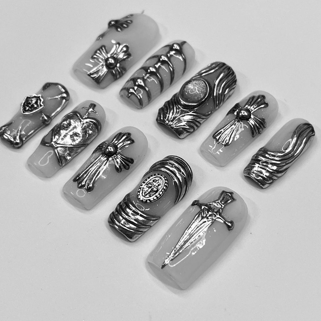 Chrome Armor Press On Nails, Handmade 3D False Nails, Edgy Nails for Birthday Party Holiday,Vacation , Gift for Her