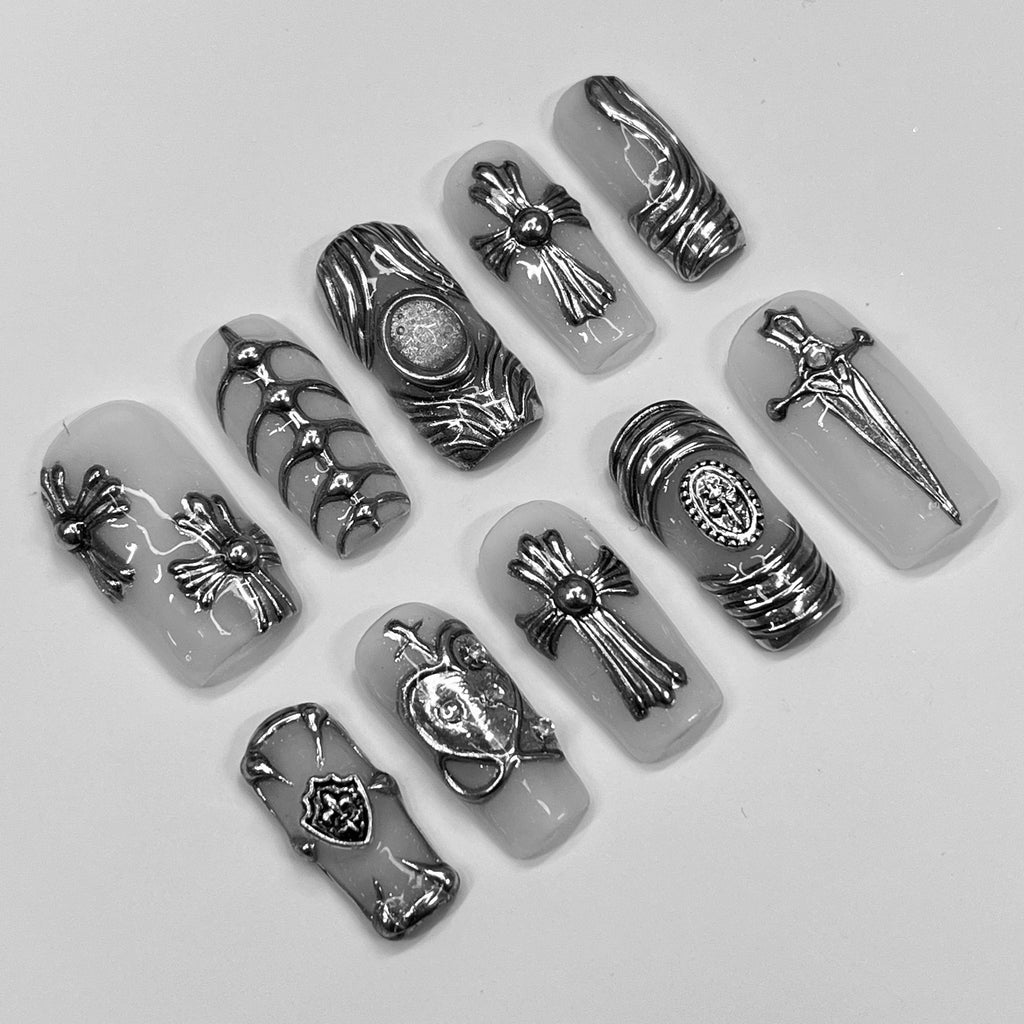 Chrome Armor Press On Nails, Handmade 3D False Nails, Edgy Nails for Birthday Party Holiday,Vacation , Gift for Her