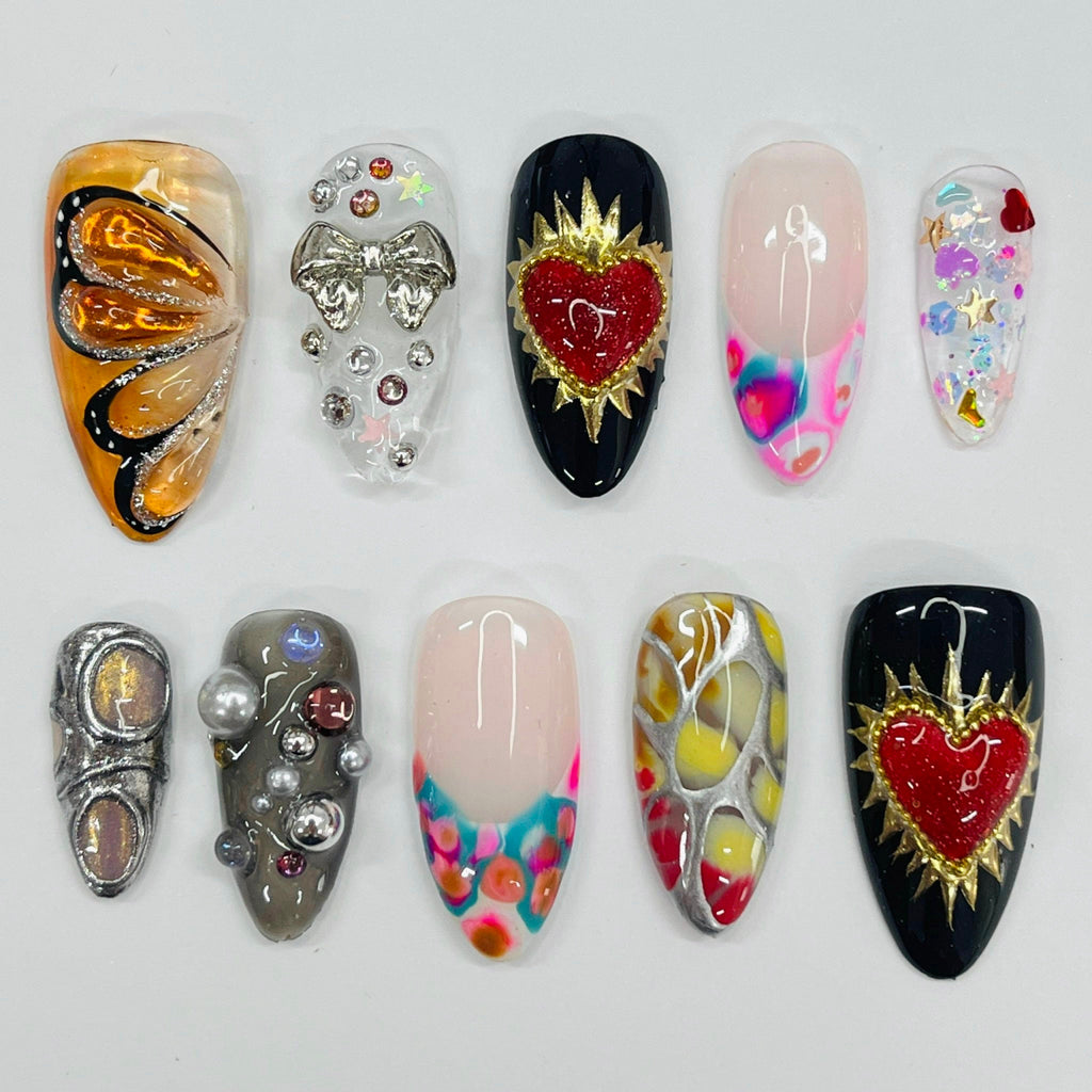 Spring Color Freestyle Medium Almond Press On Nails, Handpainted Fake/False Nails, Prom/Event/Birthday/ Vacation Nails