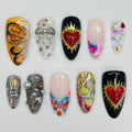 Spring Color Freestyle Medium Almond Press On Nails, Handpainted Fake/False Nails, Prom/Event/Birthday/ Vacation Nails