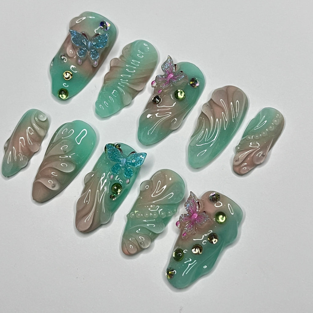 Aura Summer With Butterfly Medium Almond Press on nails, Summer Fake/False Nails, Prom Nails, 3D Gel Nail Art
