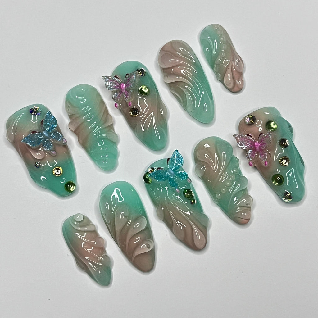 Aura Summer With Butterfly Medium Almond Press on nails, Summer Fake/False Nails, Prom Nails, 3D Gel Nail Art