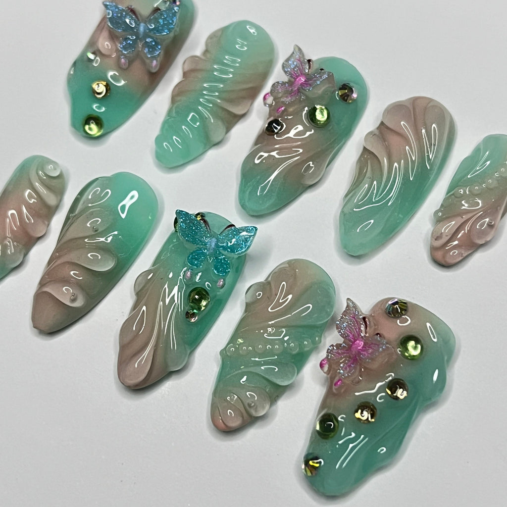 Aura Summer With Butterfly Medium Almond Press on nails, Summer Fake/False Nails, Prom Nails, 3D Gel Nail Art