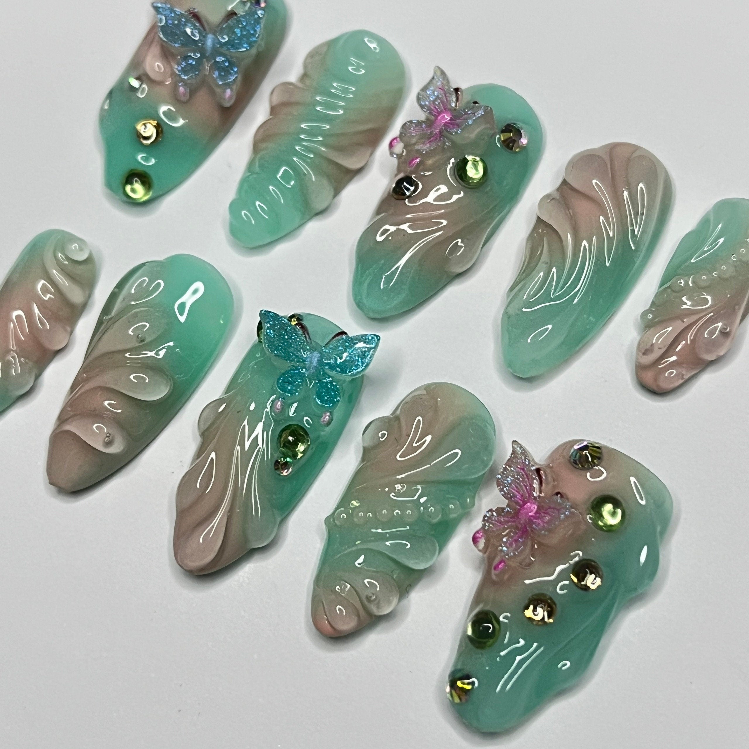 Aura Summer With Butterfly Medium Almond Press on nails, Summer Fake/False Nails, Prom Nails, 3D Gel Nail Art