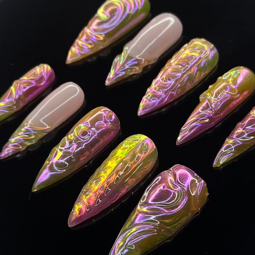 FreeStyle Chrome Long Stiletto Press on nails, Fake/False Nails, Prom/Party/Trip Nails, 3D Gel Nail Art, Gift for Her/BFF/Mom