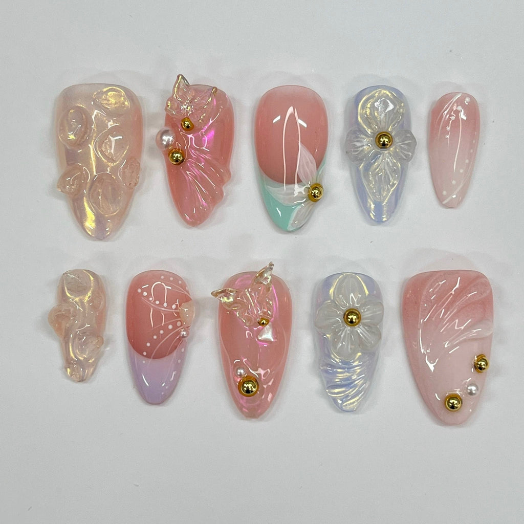 Cute 3D Flower & Butterfly Medium Almond Press On Nails, Handmade Gel False Nails for Birthday Event Party Holiday Vacation