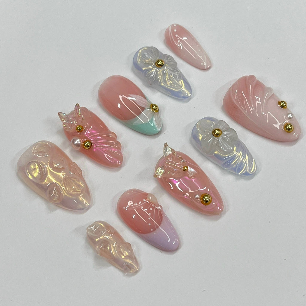 Cute 3D Flower & Butterfly Medium Almond Press On Nails, Handmade Gel False Nails for Birthday Event Party Holiday Vacation