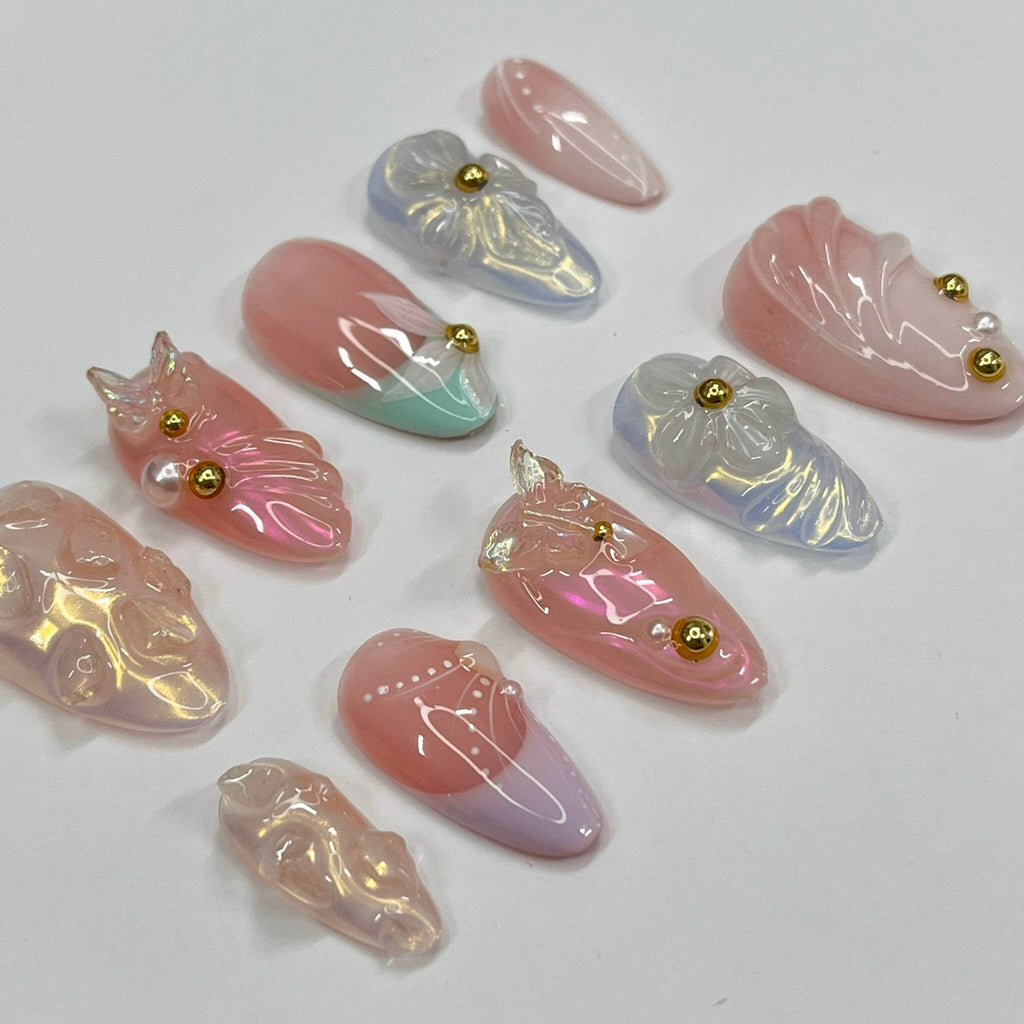 Cute 3D Flower & Butterfly Medium Almond Press On Nails, Handmade Gel False Nails for Birthday Event Party Holiday Vacation