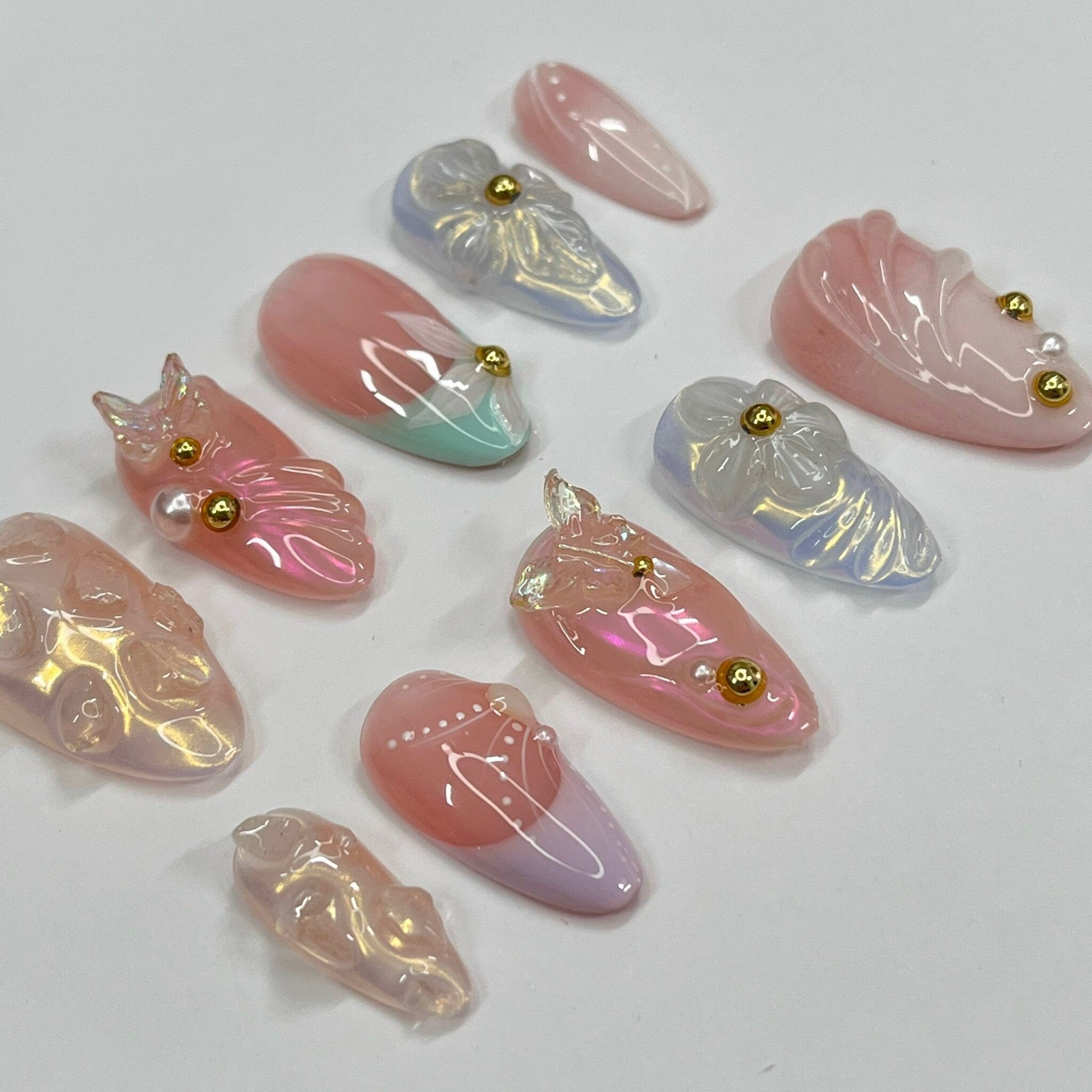 Cute 3D Flower & Butterfly Medium Almond Press On Nails, Handmade Gel False Nails for Birthday Event Party Holiday Vacation