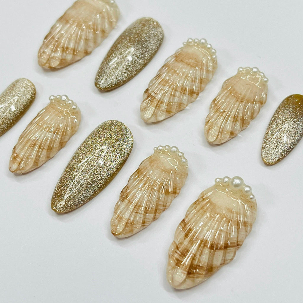 Ocean Inspired Seashell Medium Almond Press On Nails, Handmade Gel False Nails for Birthday Event Party Holiday Vacation