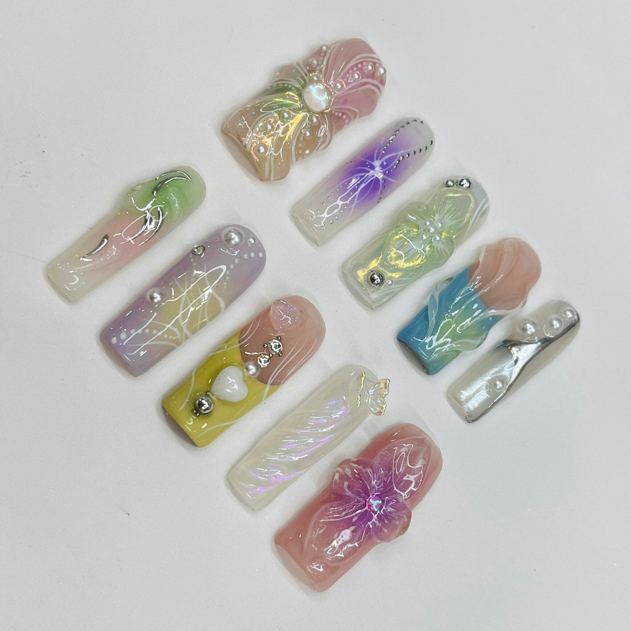 Spring Break - 3D Flowers Long Square Press On Nails, Handmade Gel False Nails for Birthday Event Party Holiday Vacation