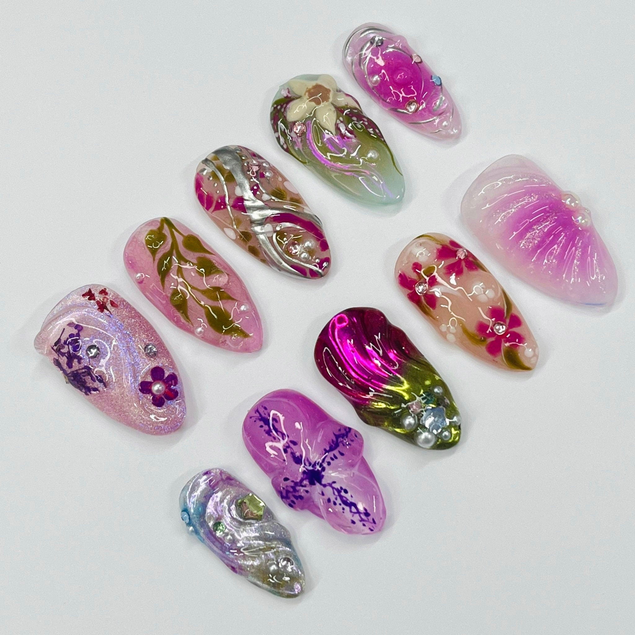 Cute 3D Purple Flower Medium Almond Press On Nails, Handmade Gel False Nails for Birthday Event Party Holiday Vacation
