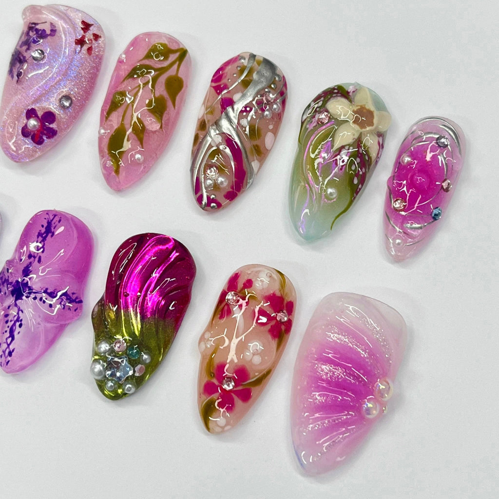 Cute 3D Purple Flower Medium Almond Press On Nails, Handmade Gel False Nails for Birthday Event Party Holiday Vacation