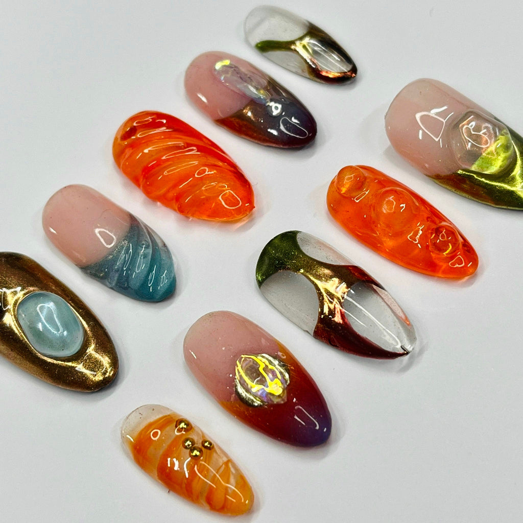 Free style 3D Medium Almond Press On Nails, Handmade Gel False Nails for Birthday Event Party, Holiday, Prom Nails