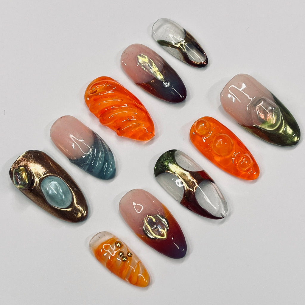 Free style 3D Medium Almond Press On Nails, Handmade Gel False Nails for Birthday Event Party, Holiday, Prom Nails