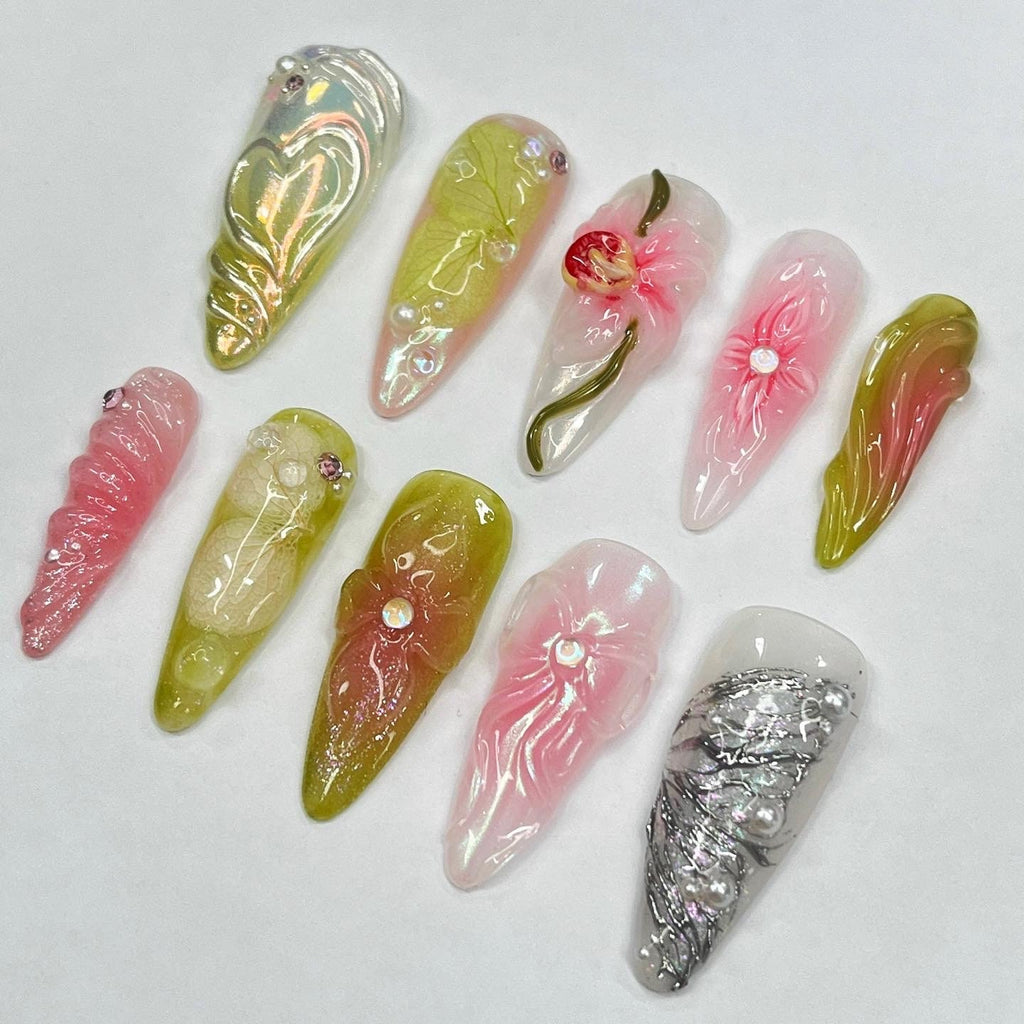 3D Flower Long Almond Handmade Press On Nails, Spring Garden Theme Custom Made False Nails for Birthday Holiday Vacation Prom Nails