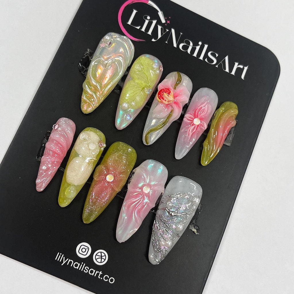 3D Flower Long Almond Handmade Press On Nails, Spring Garden Theme Custom Made False Nails for Birthday Holiday Vacation Prom Nails