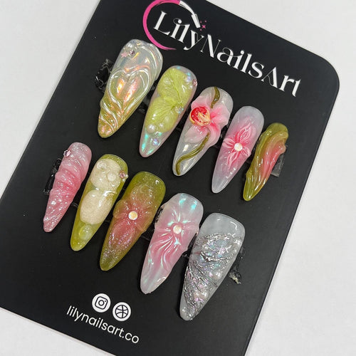 3D Flower Long Almond Handmade Press On Nails, Spring Garden Theme Custom Made False Nails for Birthday Holiday Vacation Prom Nails
