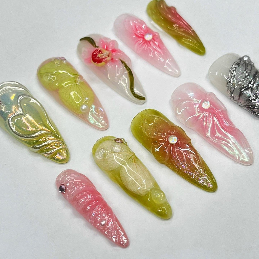 3D Flower Long Almond Handmade Press On Nails, Spring Garden Theme Custom Made False Nails for Birthday Holiday Vacation Prom Nails