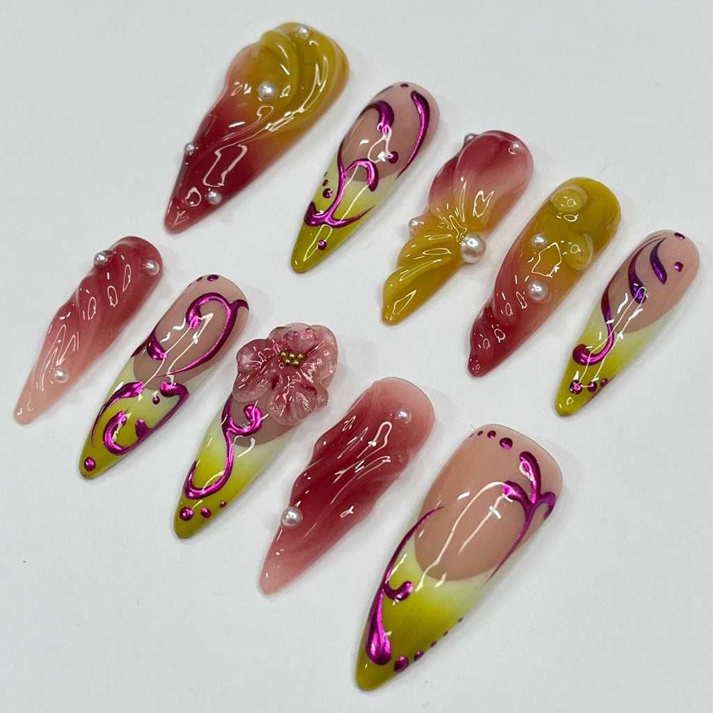 Mirage Fusion - Purple Chrome 3D Gel Long Almond Press On Nails, Air Brush Fake Nails for Birthday Holiday Vacation, Gift for Her
