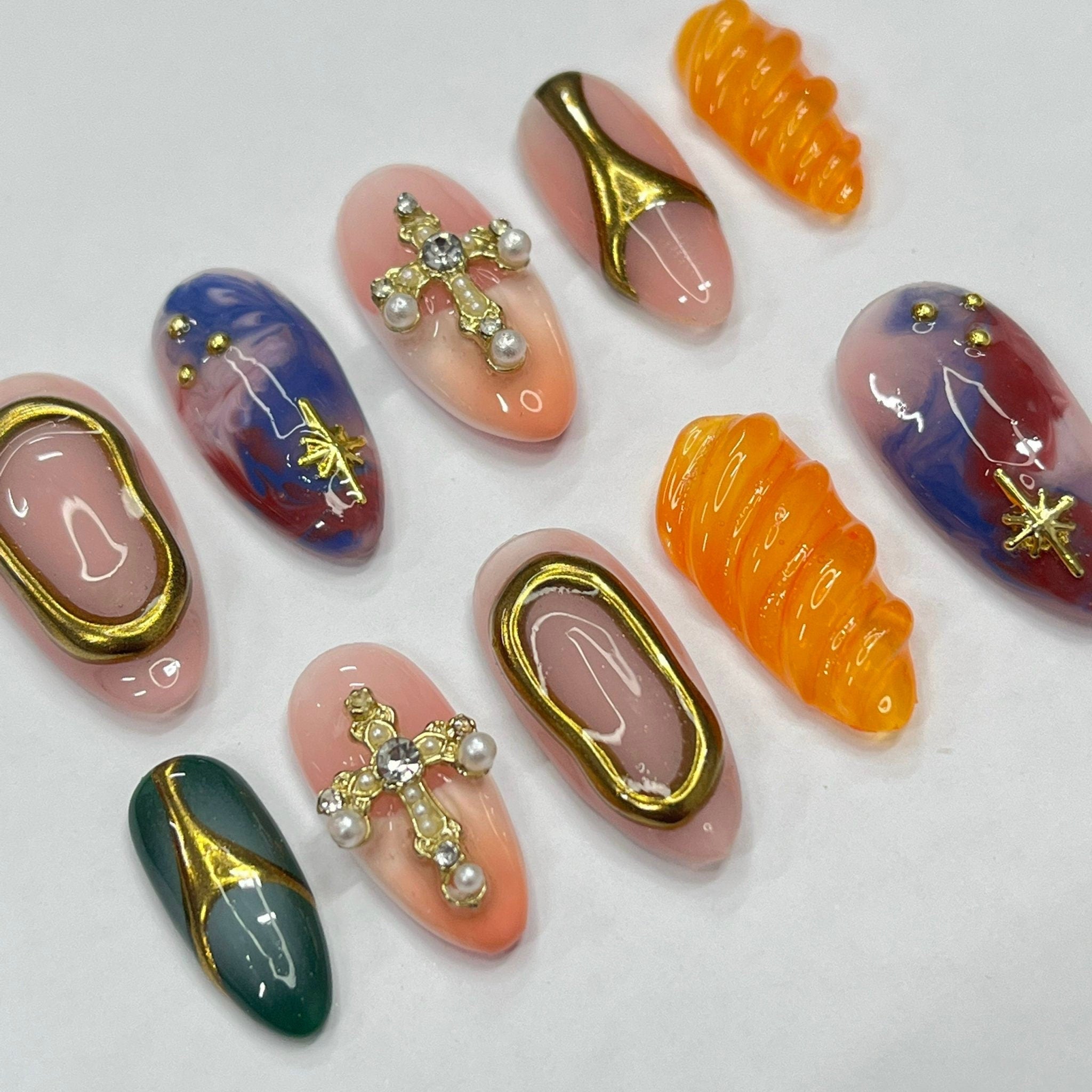 Freestyle Mix & Match Medium Almond Press On Nails, Handmade 3D Gel Fake Nails for Birthday Holiday Vacation Prom , Gifts for Her