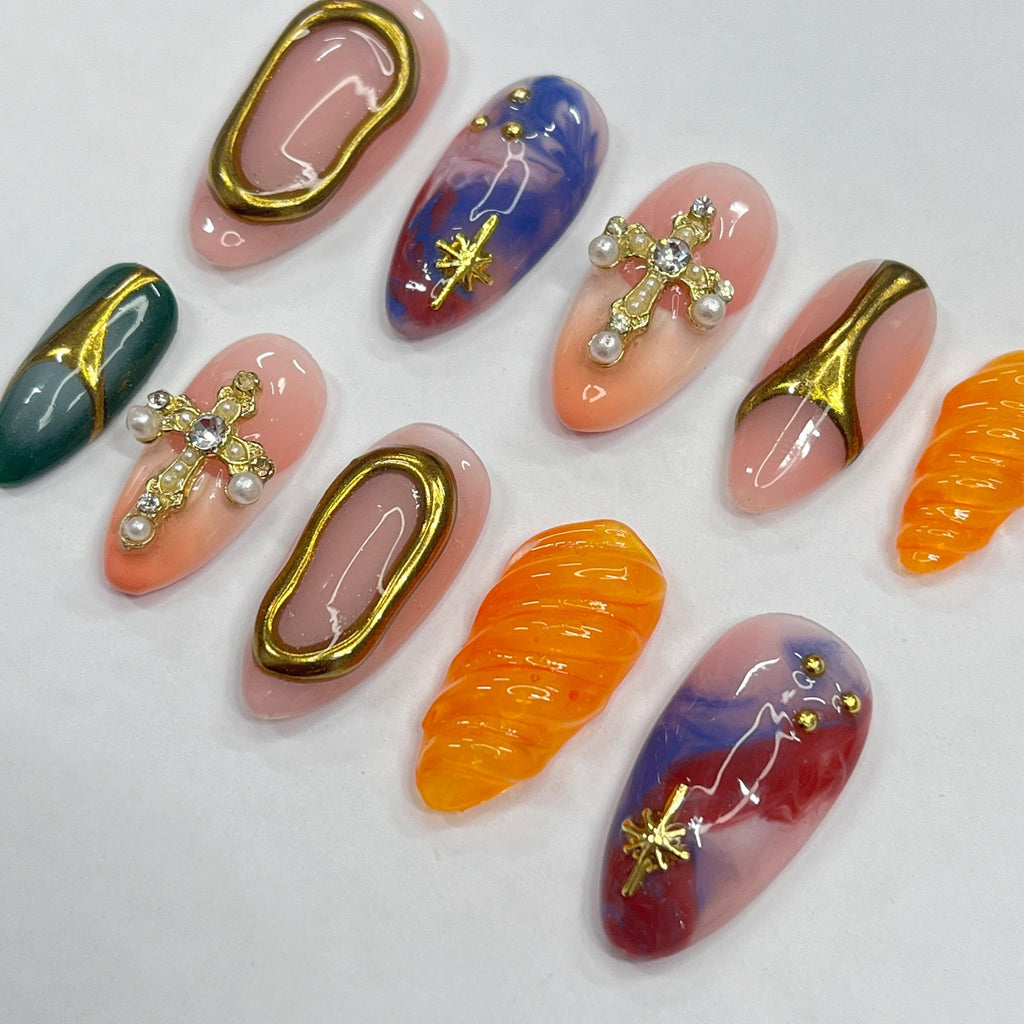 Freestyle Mix & Match Medium Almond Press On Nails, Handmade 3D Gel Fake Nails for Birthday Holiday Vacation Prom , Gifts for Her