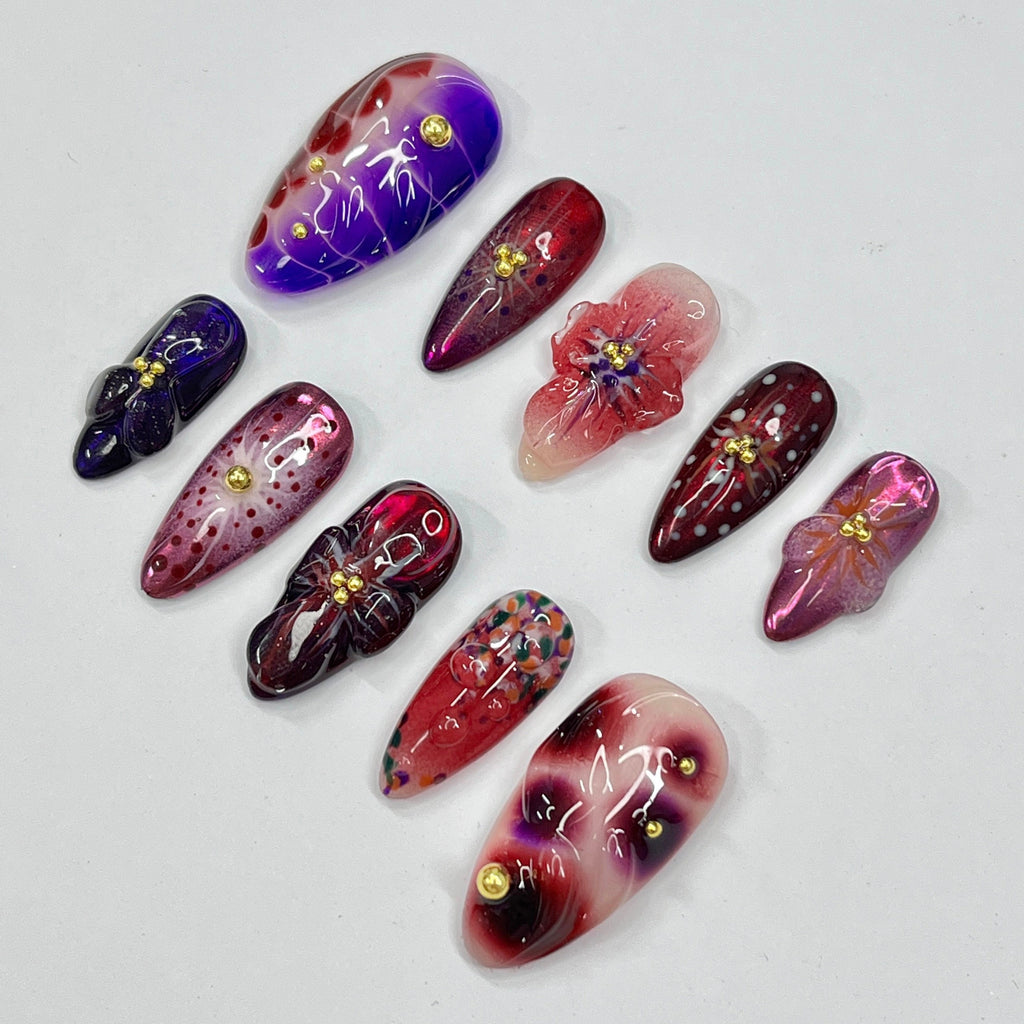 Midnight Blossom Long Almond Flowers Press On Nails, Fairy Tale Inspired Fake Nails, Birthday Holiday Nails Art, Gifts for Her