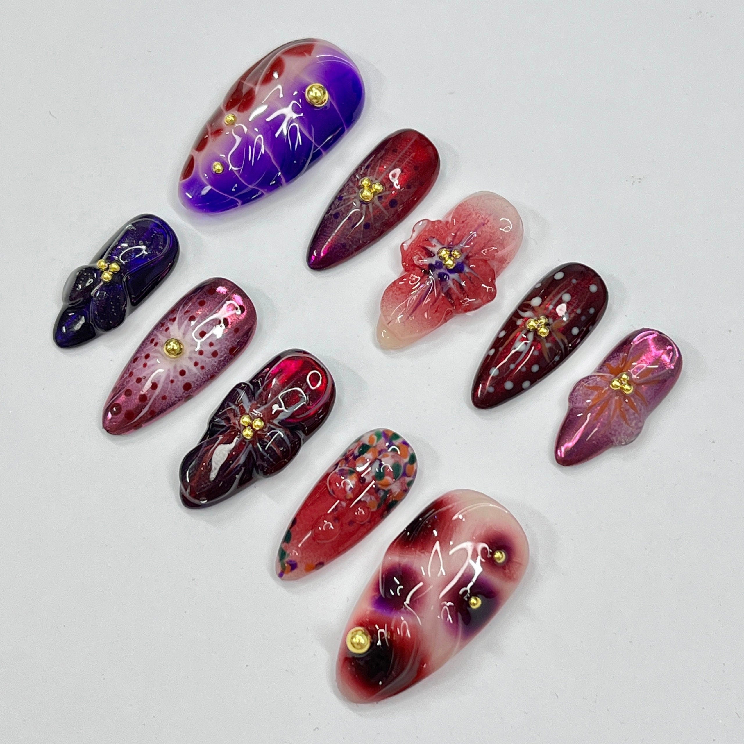 Midnight Blossom Long Almond Flowers Press On Nails, Fairy Tale Inspired Fake Nails, Birthday Holiday Nails Art, Gifts for Her