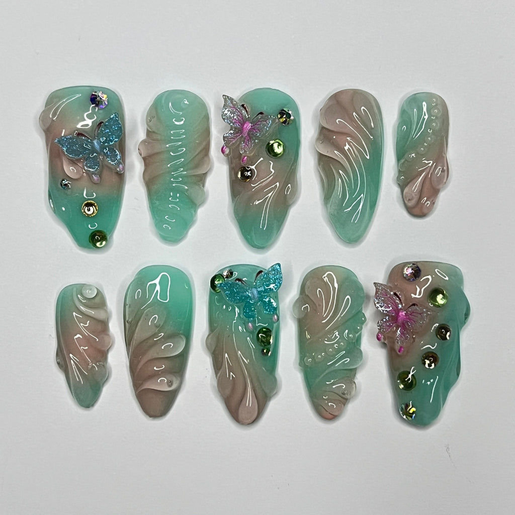 Aura Summer With Butterfly Medium Almond Press on nails, Summer Fake/False Nails, Prom Nails, 3D Gel Nail Art