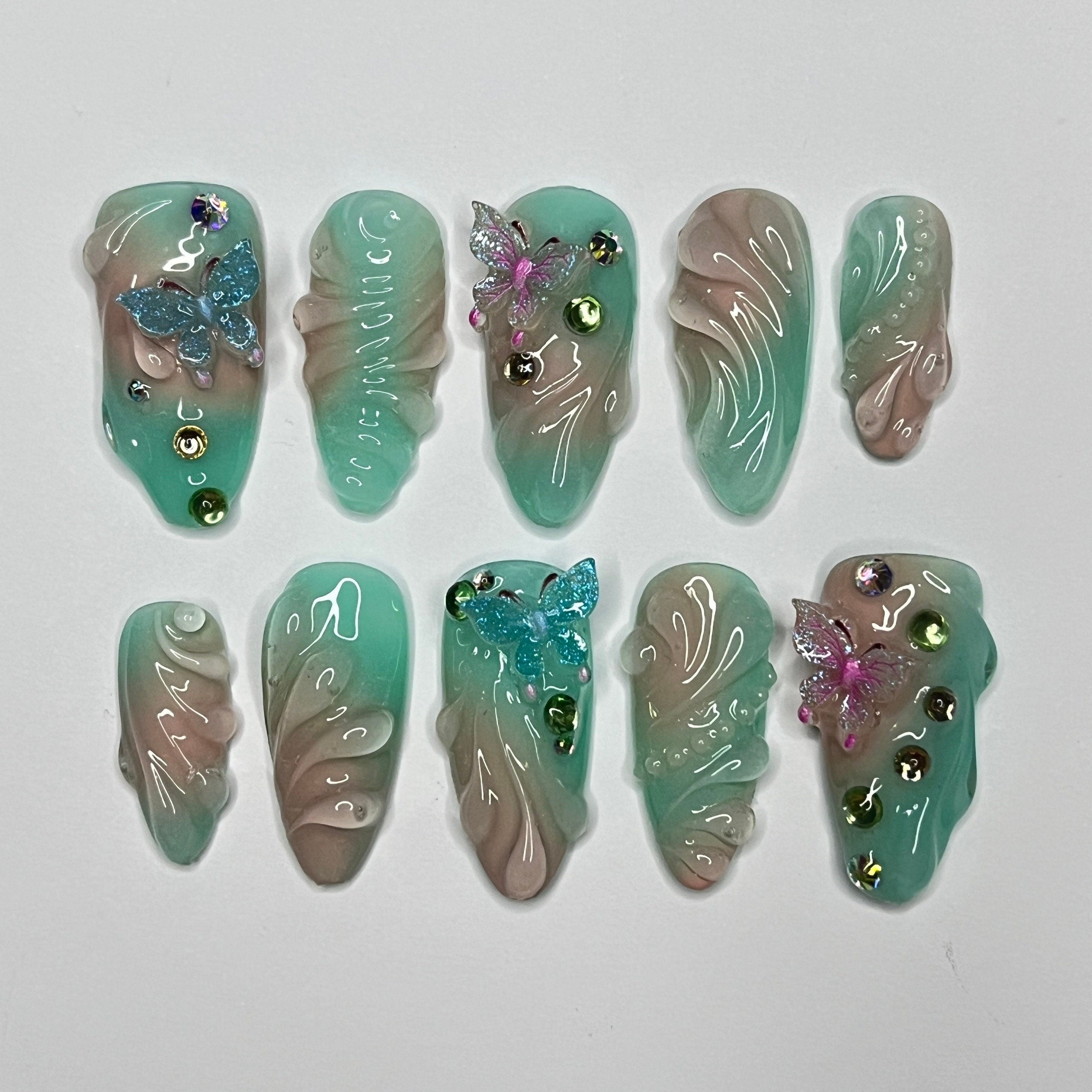 Aura Summer With Butterfly Medium Almond Press on nails, Summer Fake/False Nails, Prom Nails, 3D Gel Nail Art