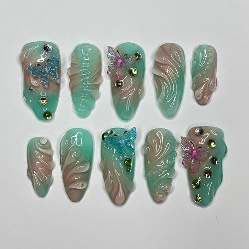 Aura Summer With Butterfly Medium Almond Press on nails, Summer Fake/False Nails, Prom Nails, 3D Gel Nail Art