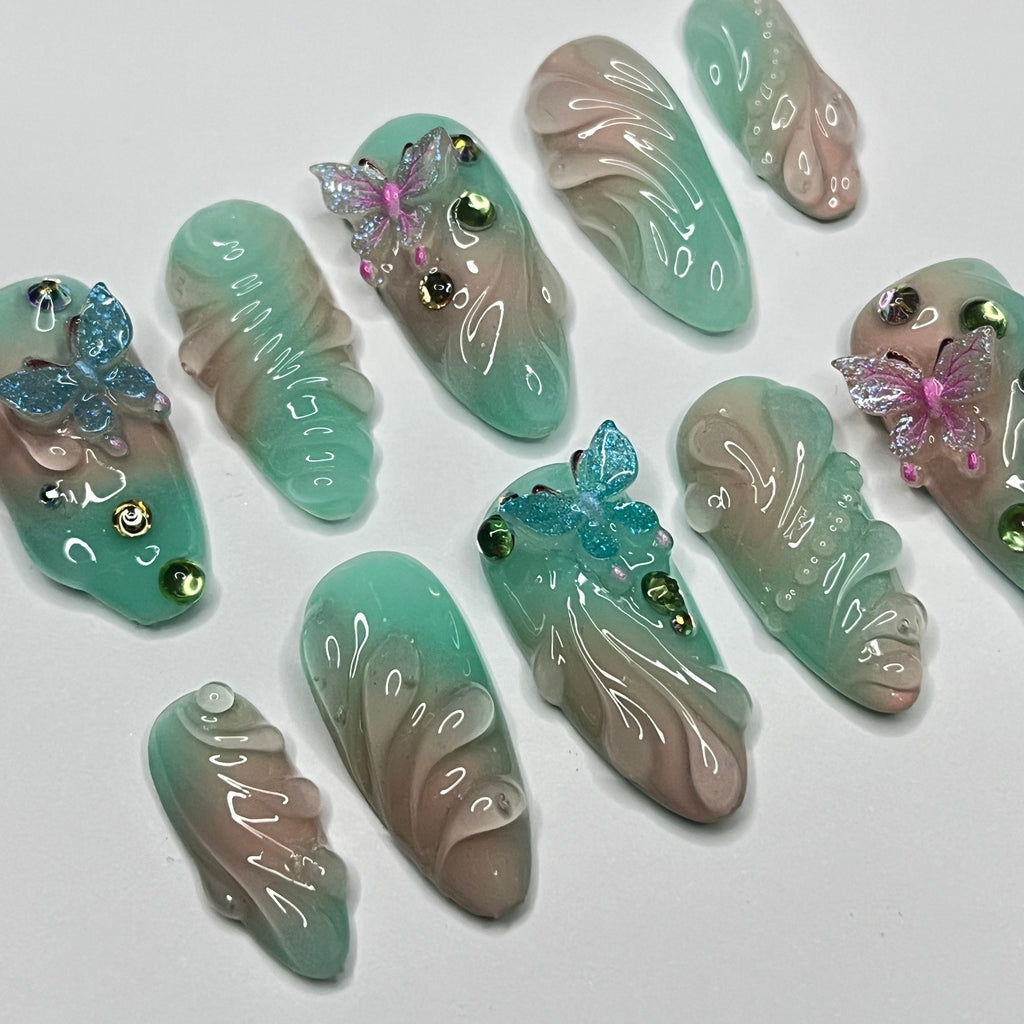 Aura Summer With Butterfly Medium Almond Press on nails, Summer Fake/False Nails, Prom Nails, 3D Gel Nail Art