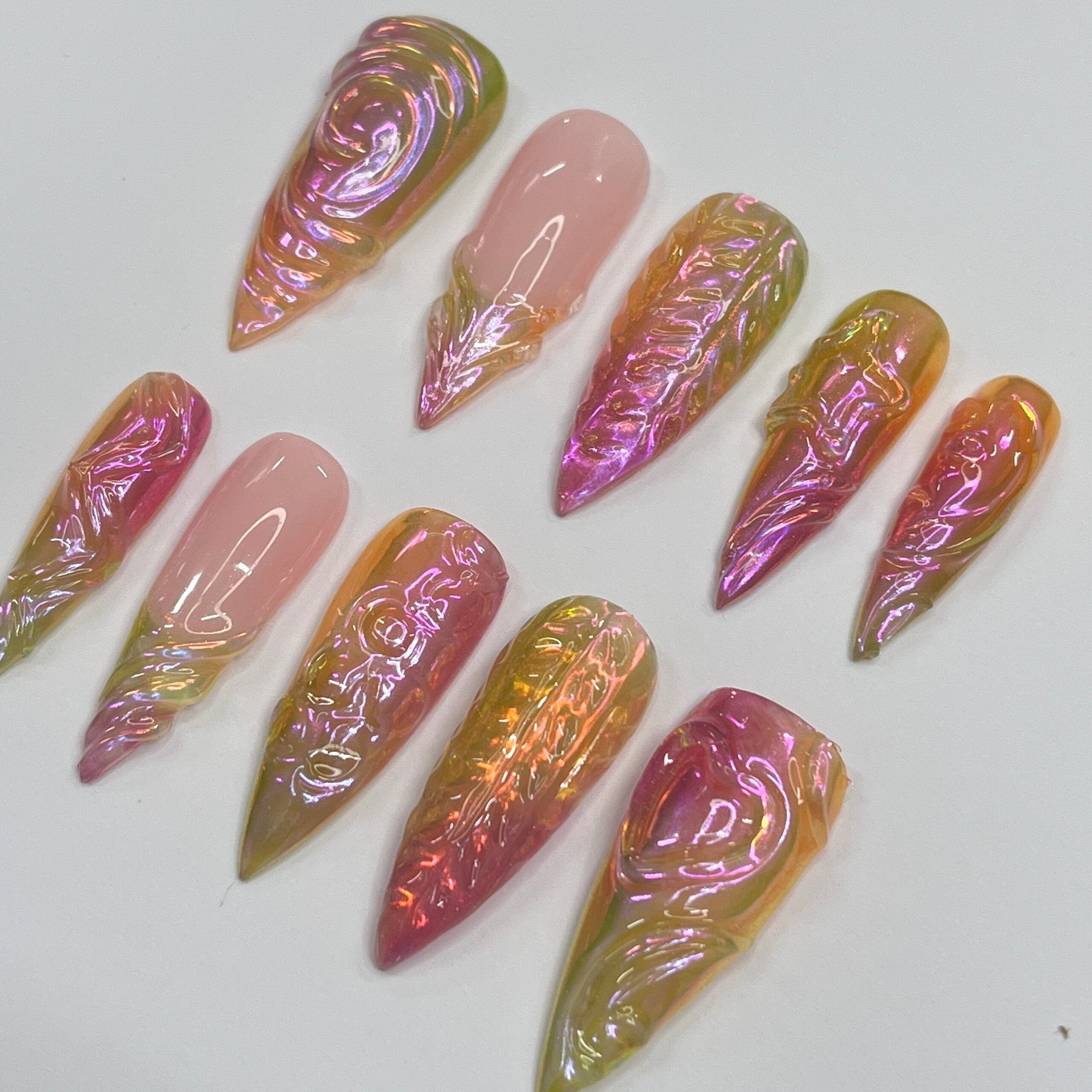 FreeStyle Chrome Long Stiletto Press on nails, Fake/False Nails, Prom/Party/Trip Nails, 3D Gel Nail Art, Gift for Her/BFF/Mom