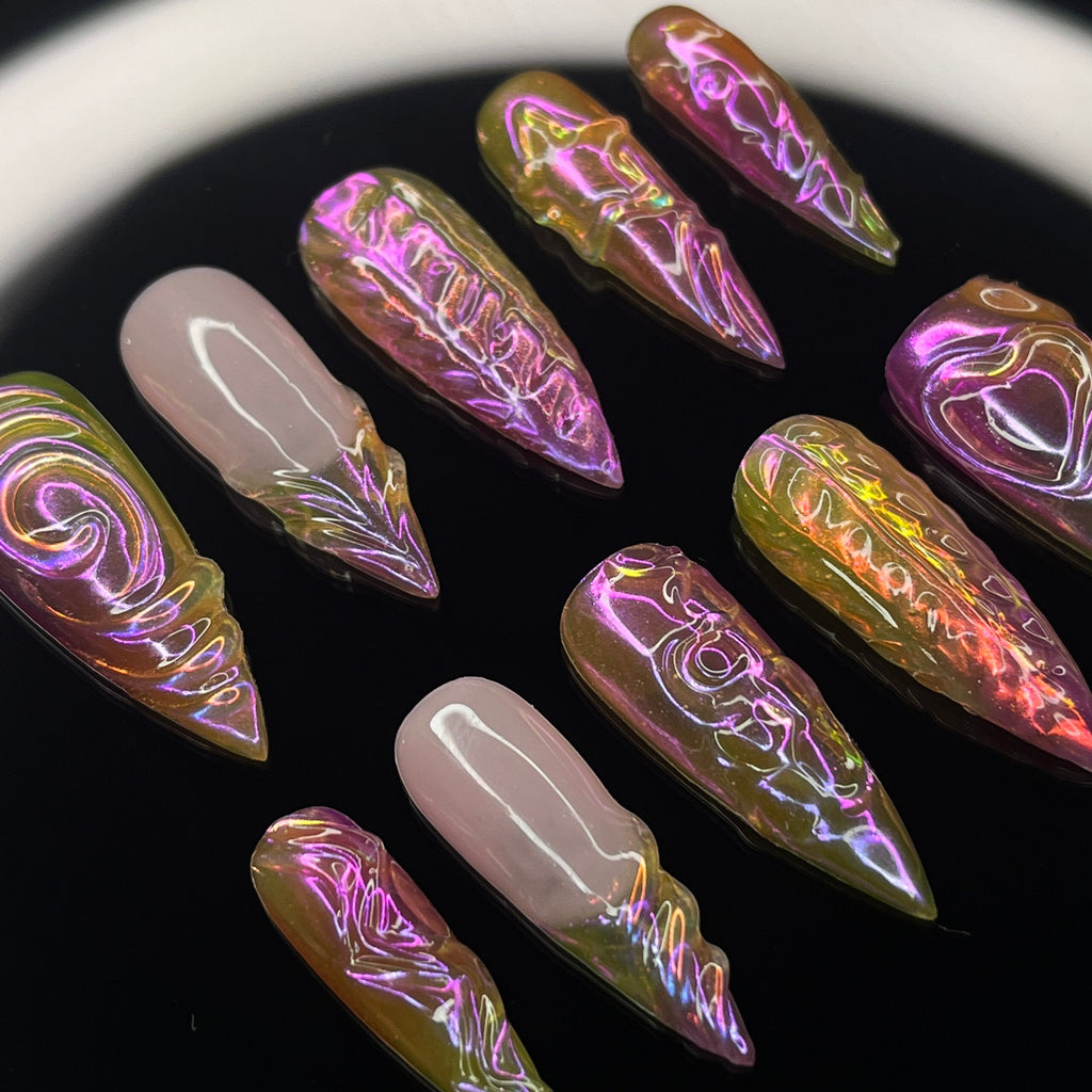 FreeStyle Chrome Long Stiletto Press on nails, Fake/False Nails, Prom/Party/Trip Nails, 3D Gel Nail Art, Gift for Her/BFF/Mom