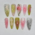 3D Flower Long Almond Handmade Press On Nails, Spring Garden Theme Custom Made False Nails for Birthday Holiday Vacation Prom Nails