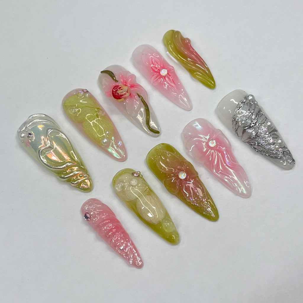 3D Flower Long Almond Handmade Press On Nails, Spring Garden Theme Custom Made False Nails for Birthday Holiday Vacation Prom Nails