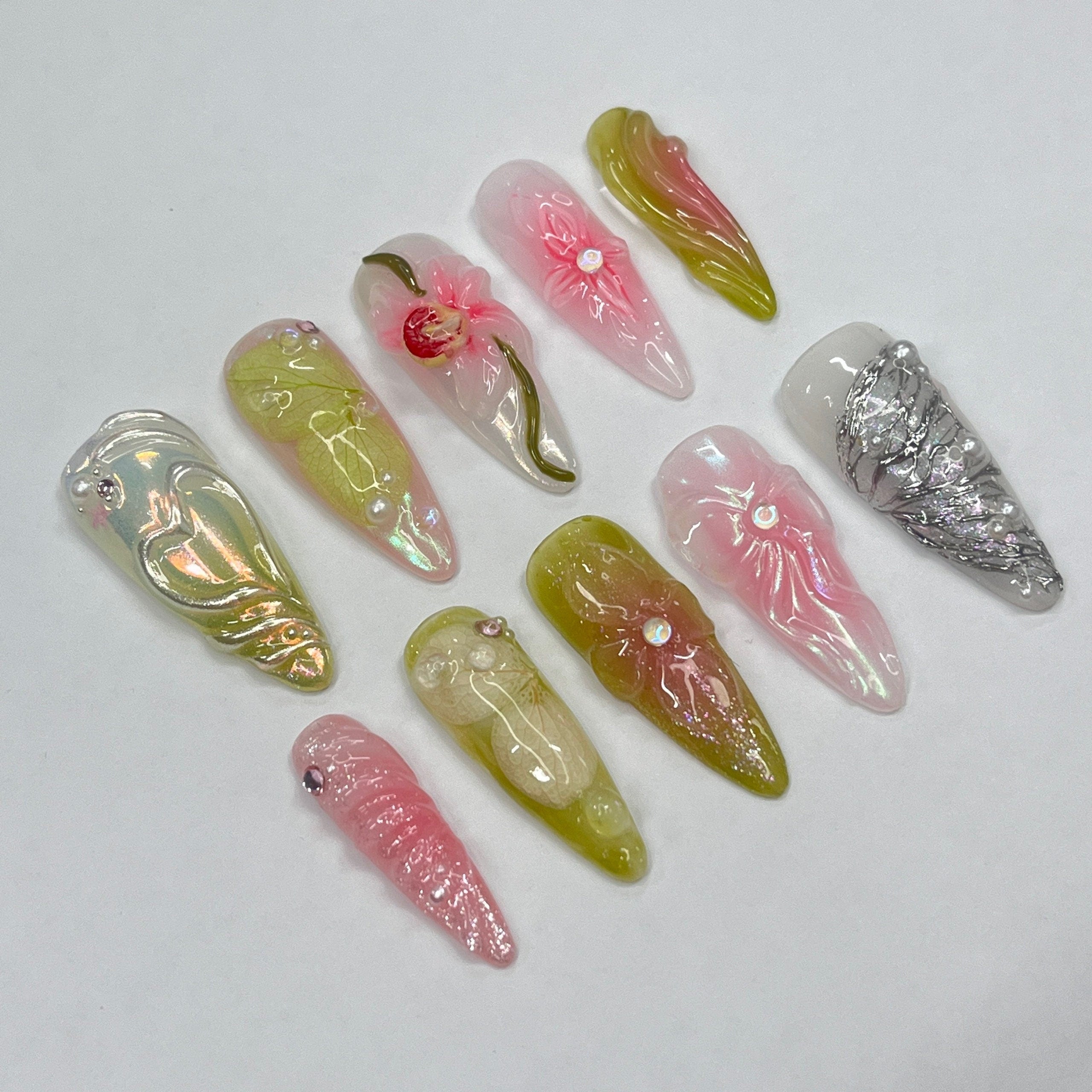 3D Flower Long Almond Handmade Press On Nails, Spring Garden Theme Custom Made False Nails for Birthday Holiday Vacation Prom Nails