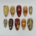 Earthy Color With Gold Chrome Press On Nails, Handmade 3D False Nails, Unique Nail Design for Birthday Party Holiday,Vacation , Gift for Her