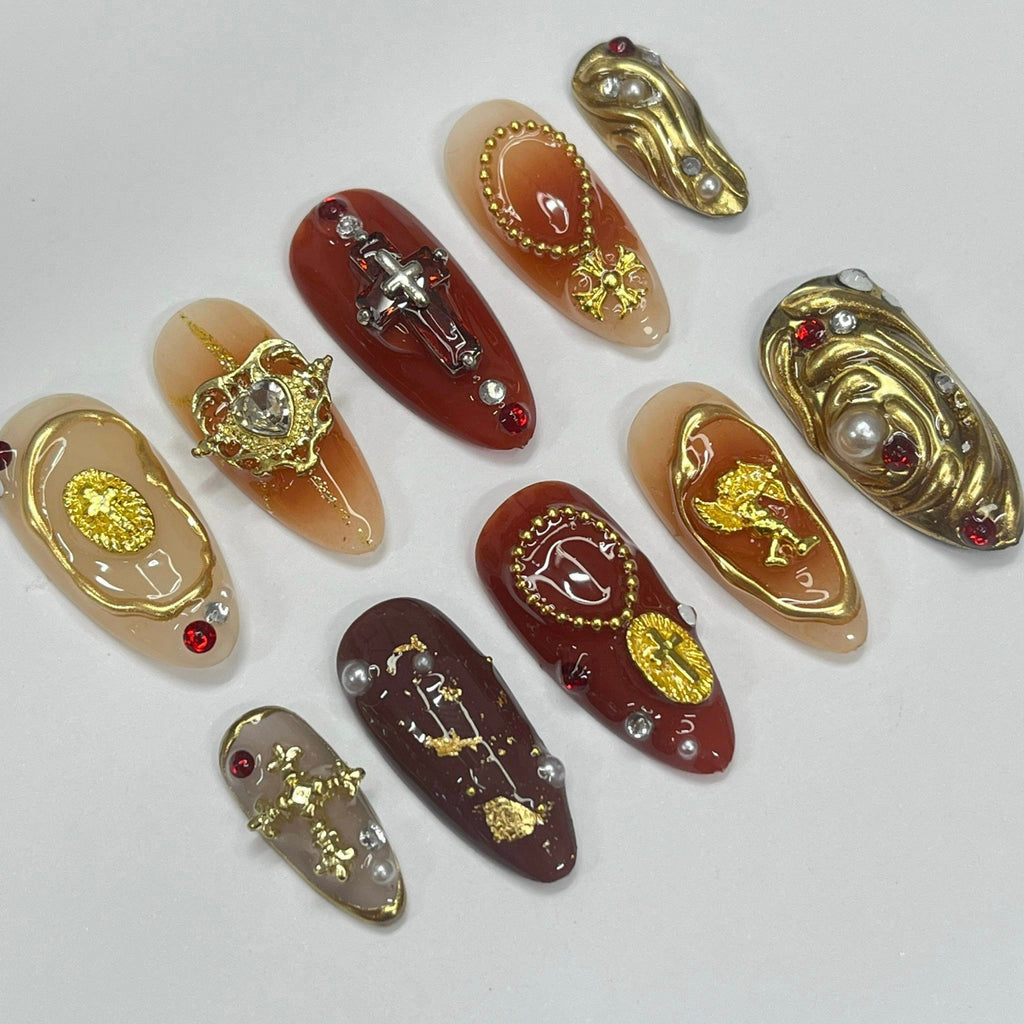 Earthy Color With Gold Chrome Press On Nails, Handmade 3D False Nails, Unique Nail Design for Birthday Party Holiday,Vacation , Gift for Her