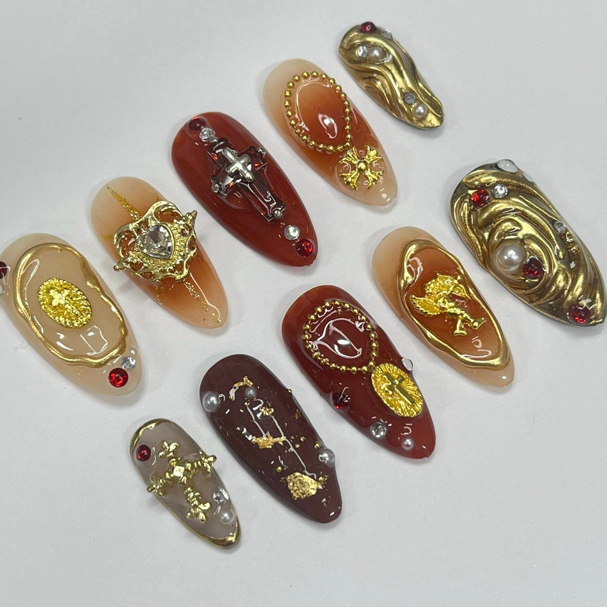 Earthy Color With Gold Chrome Press On Nails, Handmade 3D False Nails, Unique Nail Design for Birthday Party Holiday,Vacation , Gift for Her