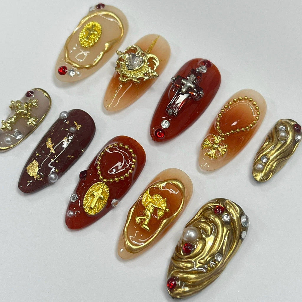 Earthy Color With Gold Chrome Press On Nails, Handmade 3D False Nails, Unique Nail Design for Birthday Party Holiday,Vacation , Gift for Her