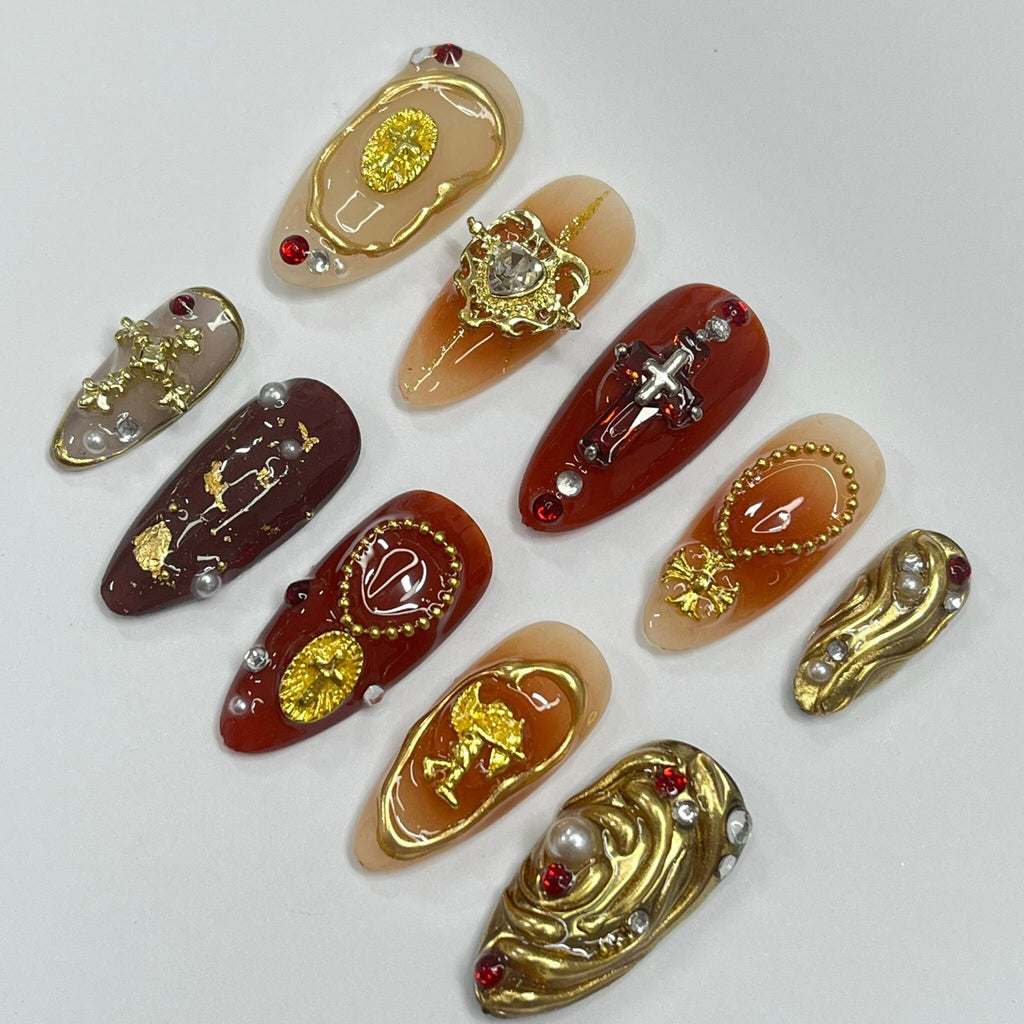 Earthy Color With Gold Chrome Press On Nails, Handmade 3D False Nails, Unique Nail Design for Birthday Party Holiday,Vacation , Gift for Her