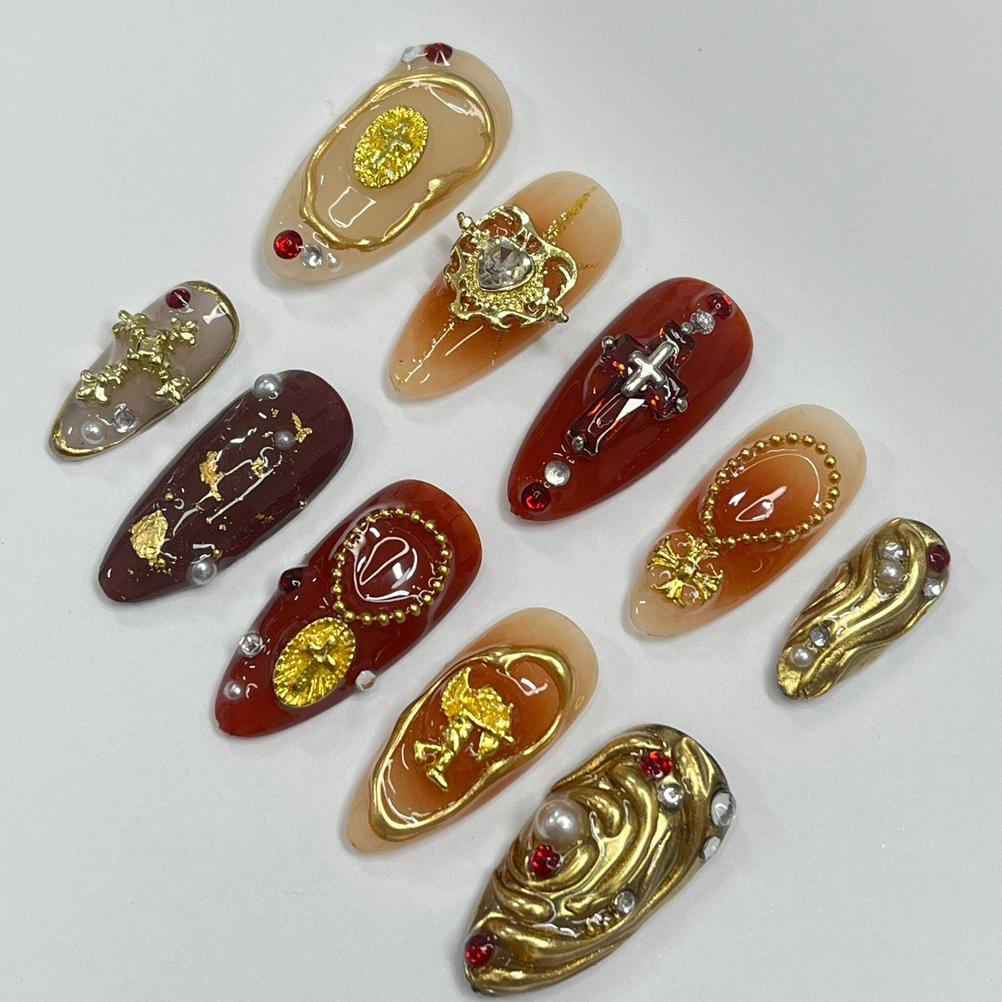 Earthy Color With Gold Chrome Press On Nails, Handmade 3D False Nails, Unique Nail Design for Birthday Party Holiday,Vacation , Gift for Her