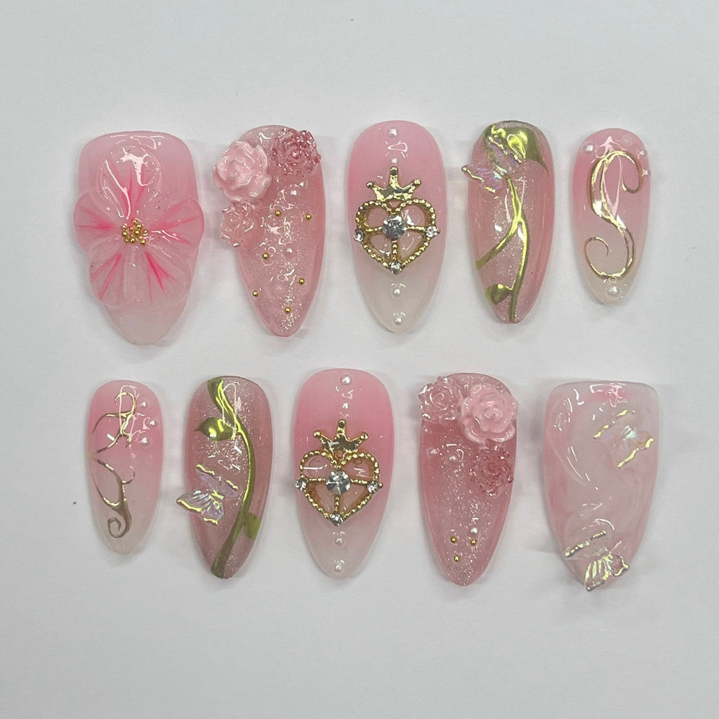 Elegance 3D Flower Medium Almond Press On Nails, Handmade Floral Spring Nails, Unique Nail for Birthday Party Holiday,Vacation